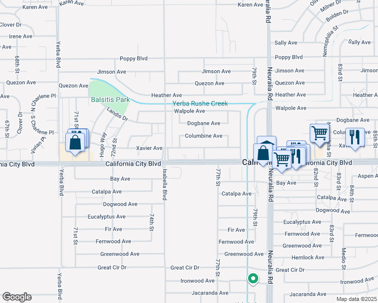 map of restaurants, bars, coffee shops, grocery stores, and more near 7603 Xavier Avenue in California City