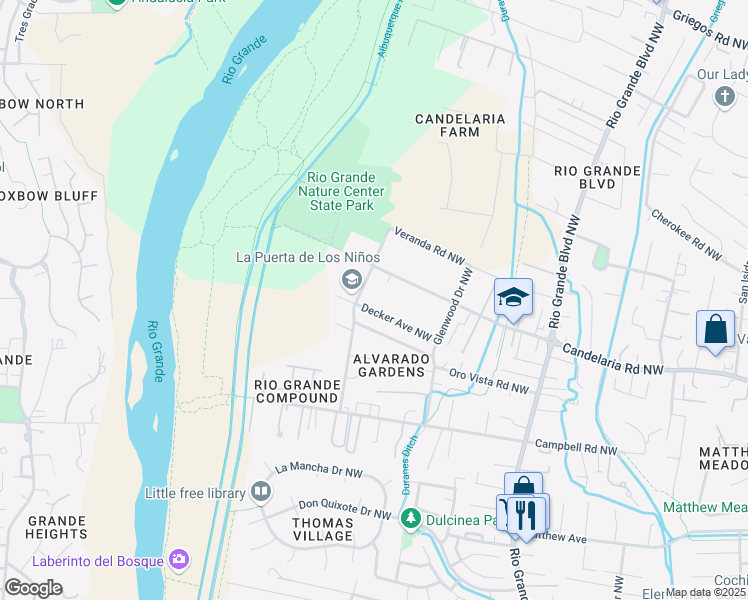 map of restaurants, bars, coffee shops, grocery stores, and more near 2723 Decker Avenue Northwest in Albuquerque