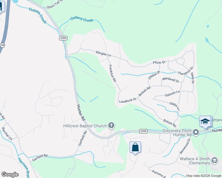 map of restaurants, bars, coffee shops, grocery stores, and more near 6333 Frankfurt Road in Ooltewah