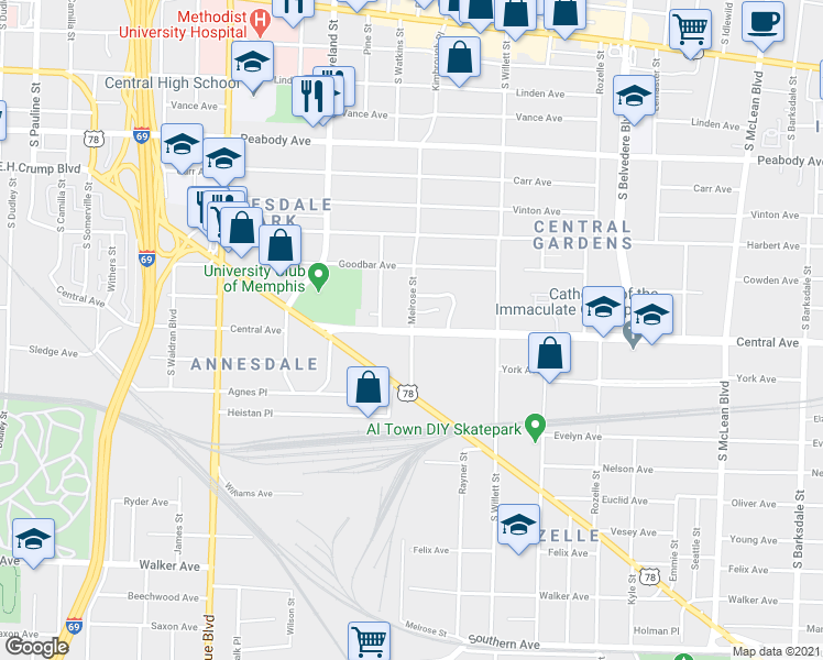 map of restaurants, bars, coffee shops, grocery stores, and more near Central Ave & Melrose St in Memphis
