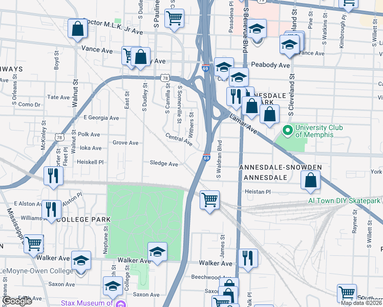 map of restaurants, bars, coffee shops, grocery stores, and more near 1098 Central Avenue in Memphis