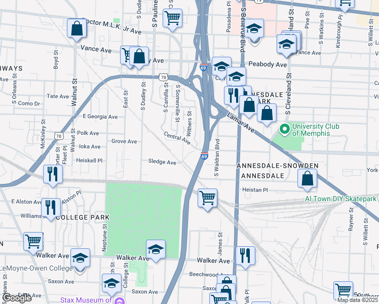 map of restaurants, bars, coffee shops, grocery stores, and more near 1098 Central Avenue in Memphis