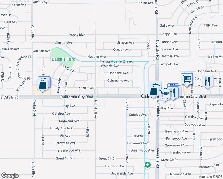 map of restaurants, bars, coffee shops, grocery stores, and more near 7616 Xavier Avenue in California City