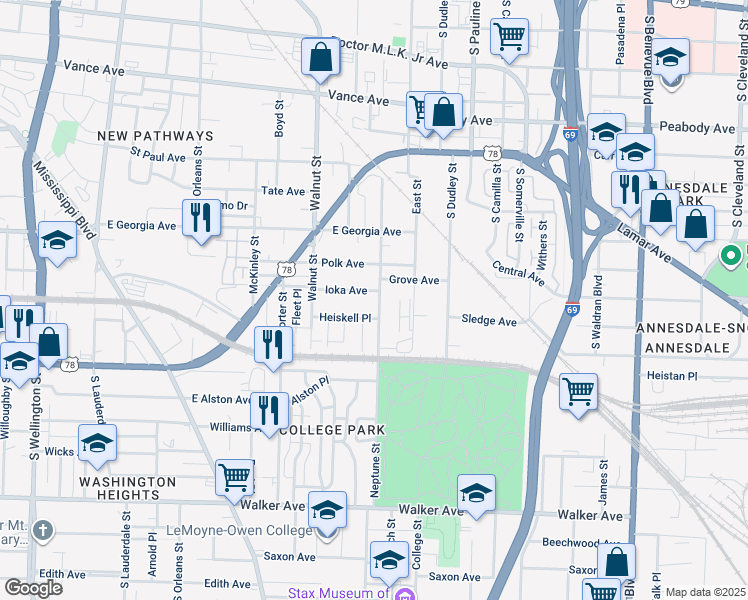 map of restaurants, bars, coffee shops, grocery stores, and more near 854 Ioka Avenue in Memphis