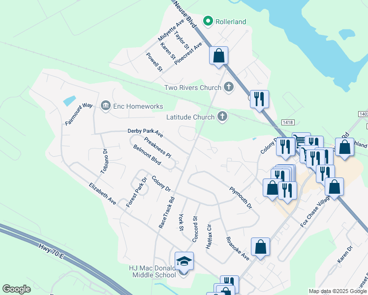 map of restaurants, bars, coffee shops, grocery stores, and more near 104 Derby Park Avenue in New Bern