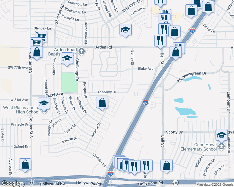 map of restaurants, bars, coffee shops, grocery stores, and more near 7912 Goal Place in Amarillo