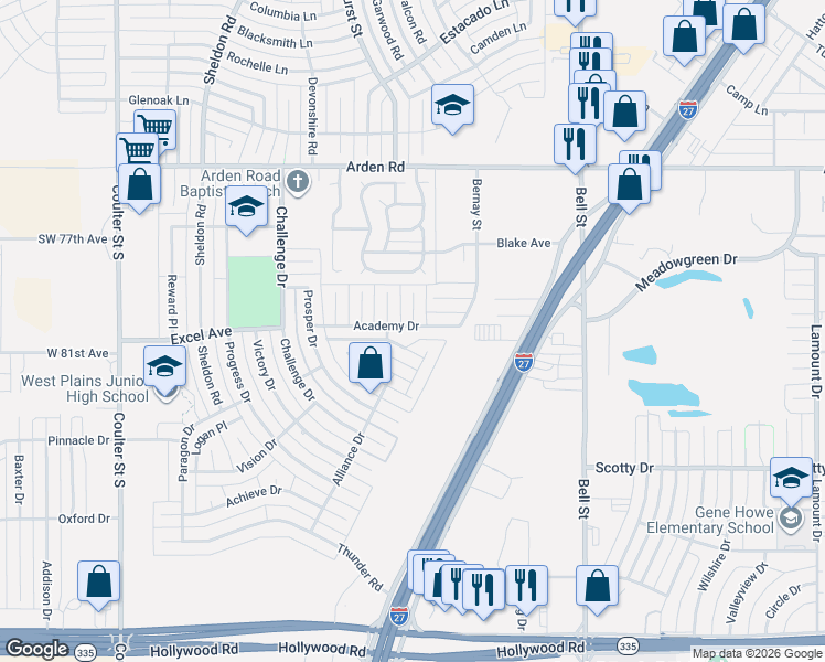 map of restaurants, bars, coffee shops, grocery stores, and more near 7912 Goal Place in Amarillo