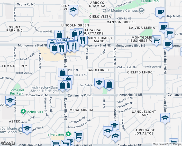 map of restaurants, bars, coffee shops, grocery stores, and more near 3841 Inca Street Northeast in Albuquerque