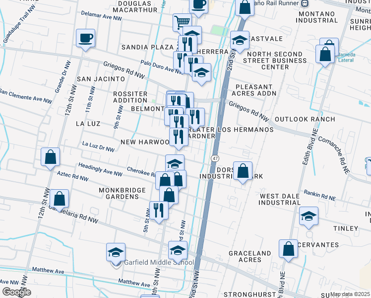 map of restaurants, bars, coffee shops, grocery stores, and more near 343 San Clemente Avenue Northwest in Albuquerque