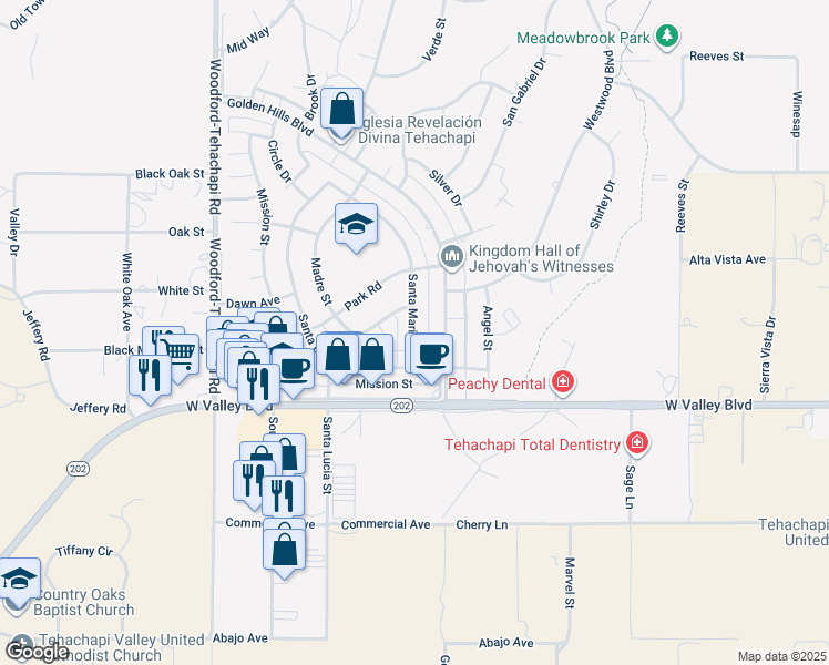 map of restaurants, bars, coffee shops, grocery stores, and more near 21201 Golden Hills Boulevard in Tehachapi