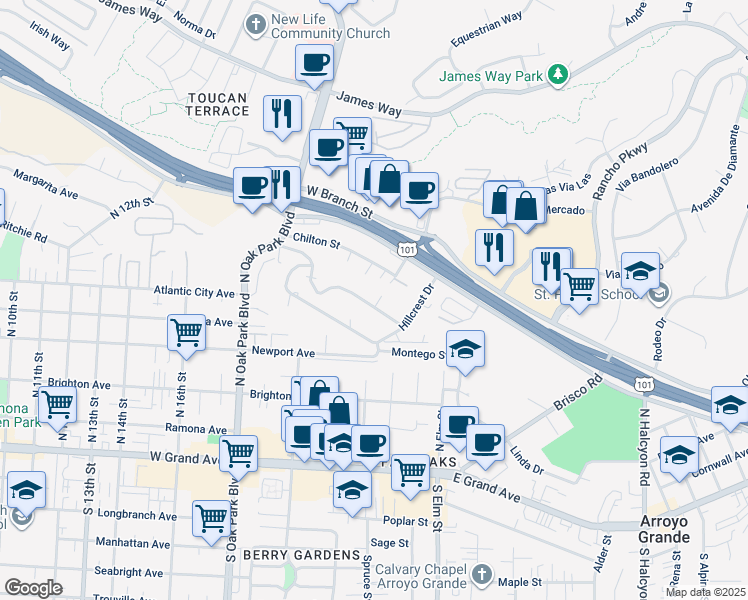 map of restaurants, bars, coffee shops, grocery stores, and more near 227 Robles Road in Arroyo Grande