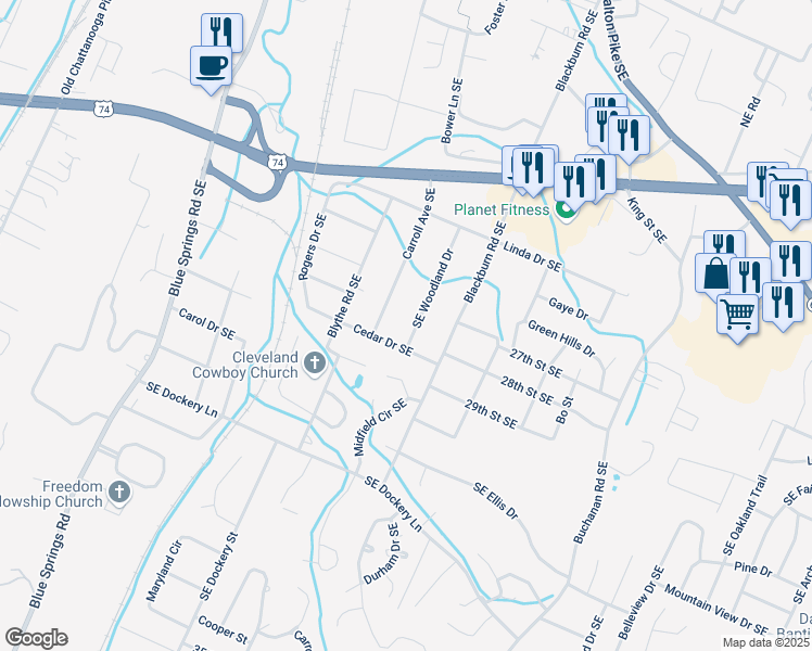 map of restaurants, bars, coffee shops, grocery stores, and more near 2805 Carroll Avenue Southeast in Cleveland