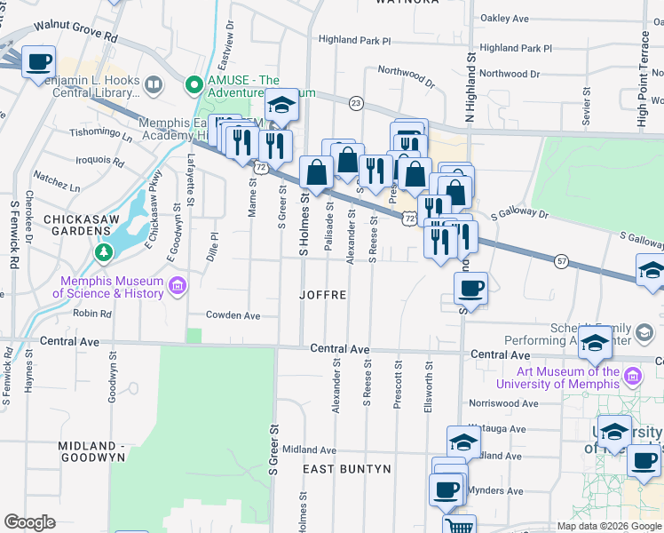 map of restaurants, bars, coffee shops, grocery stores, and more near 171 Palisade Street in Memphis