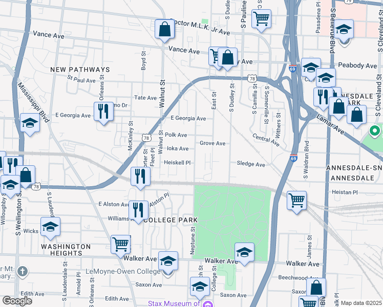map of restaurants, bars, coffee shops, grocery stores, and more near 854 Ioka Avenue in Memphis
