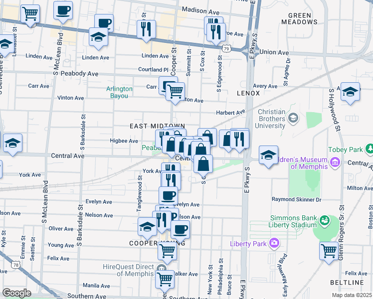map of restaurants, bars, coffee shops, grocery stores, and more near 2178 Central Avenue in Memphis