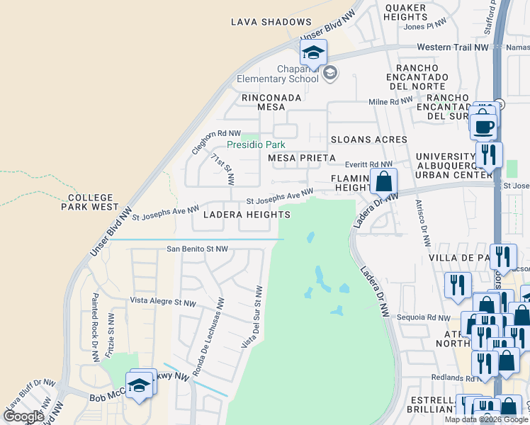 map of restaurants, bars, coffee shops, grocery stores, and more near 3916 68th Street Northwest in Albuquerque