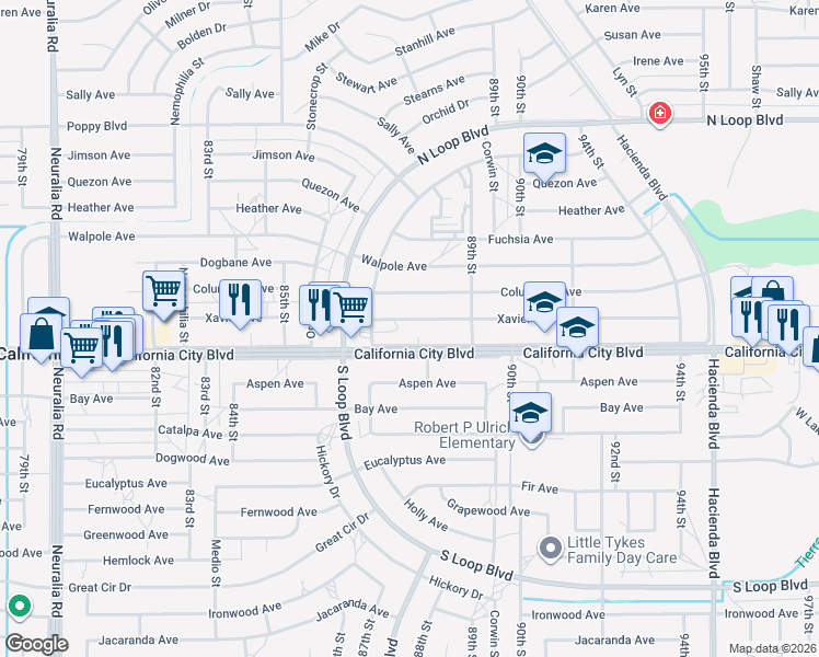map of restaurants, bars, coffee shops, grocery stores, and more near 8740 Xavier Avenue in California City