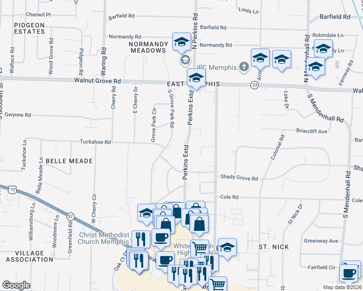 map of restaurants, bars, coffee shops, grocery stores, and more near 174 Grove Park Circle in Memphis