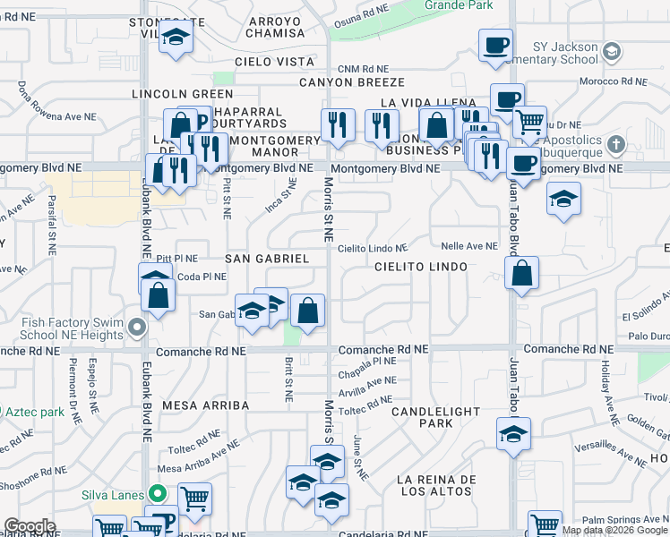 map of restaurants, bars, coffee shops, grocery stores, and more near 10425 Sierra Bonita Avenue Northeast in Albuquerque