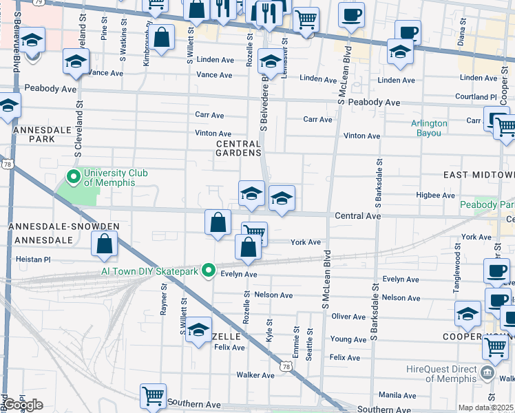 map of restaurants, bars, coffee shops, grocery stores, and more near 1683 Regents Park Drive in Memphis