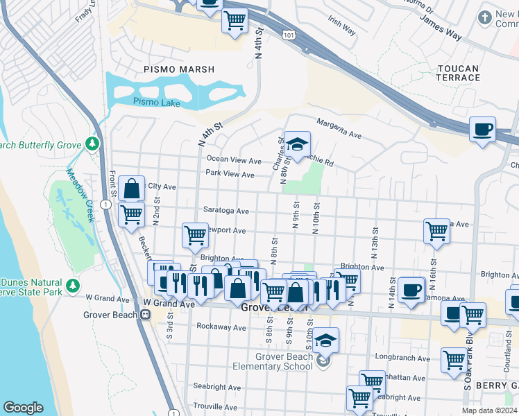 map of restaurants, bars, coffee shops, grocery stores, and more near 520 North 7th Street in Grover Beach