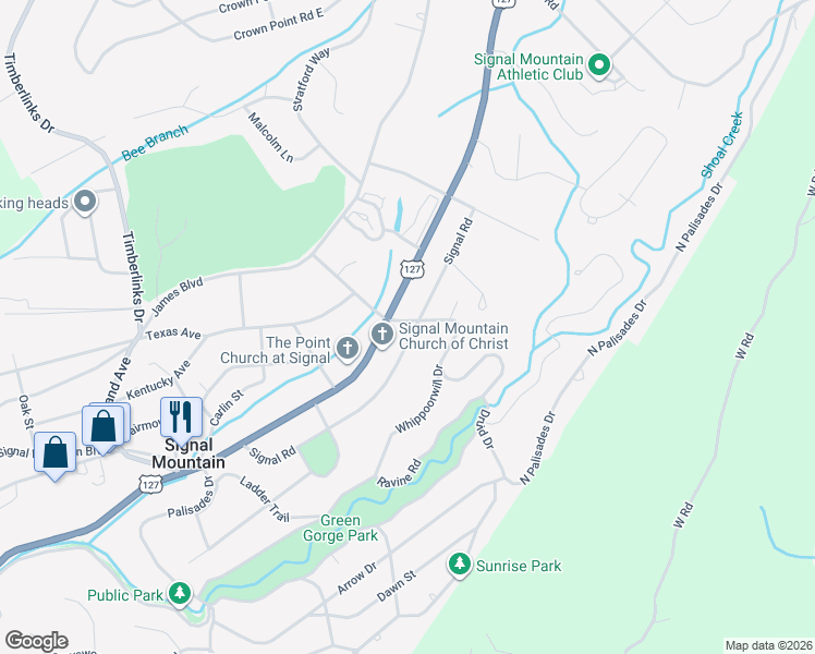 map of restaurants, bars, coffee shops, grocery stores, and more near 1005 Signal Road in Signal Mountain