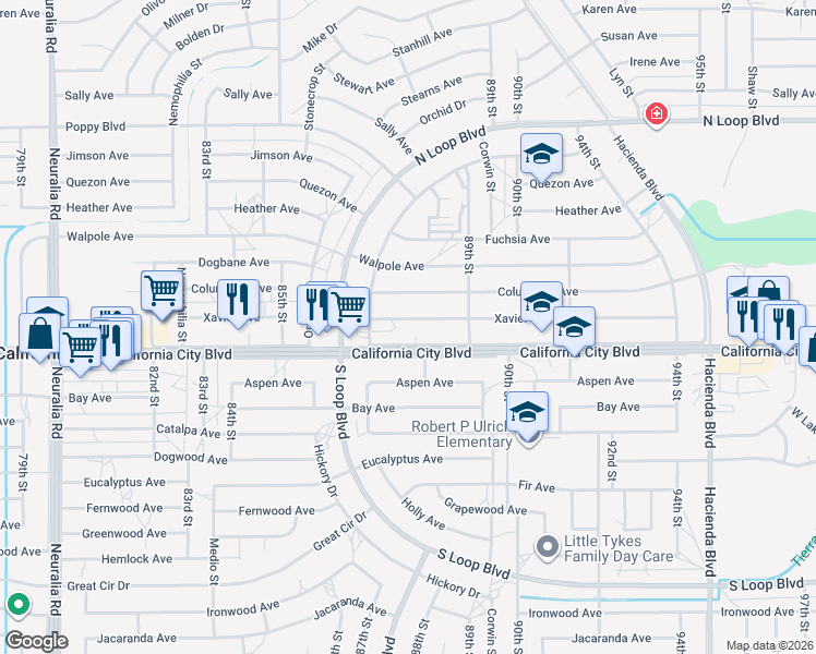 map of restaurants, bars, coffee shops, grocery stores, and more near 8740 Xavier Avenue in California City
