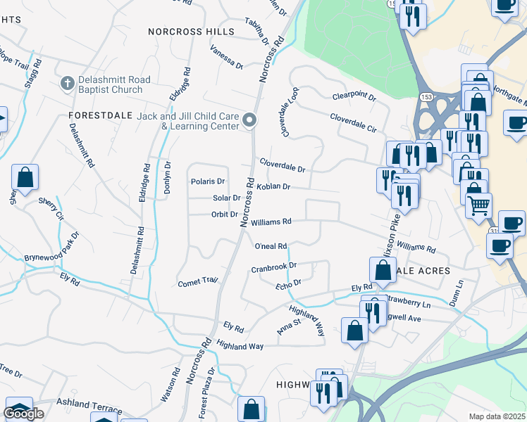 map of restaurants, bars, coffee shops, grocery stores, and more near 1411 Williams Road in Chattanooga