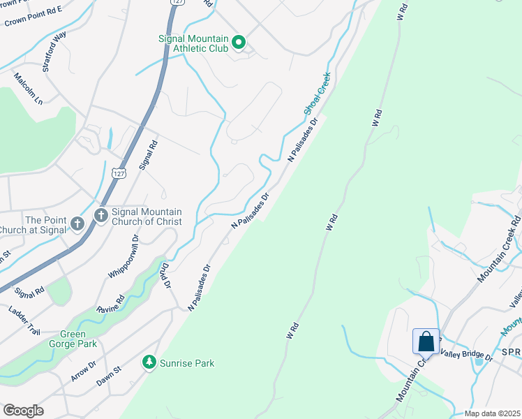 map of restaurants, bars, coffee shops, grocery stores, and more near 504 North Palisades Drive in Signal Mountain
