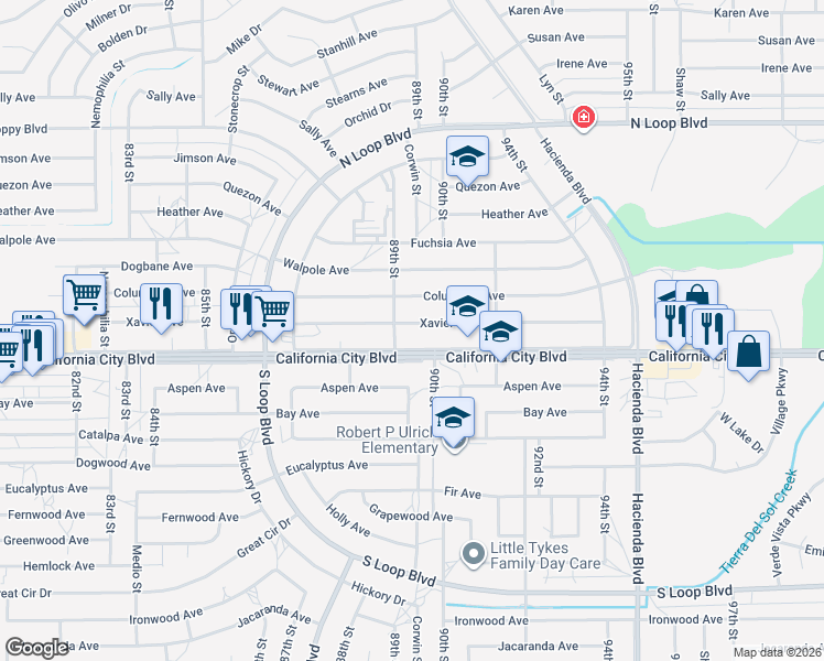 map of restaurants, bars, coffee shops, grocery stores, and more near 8916 Xavier Avenue in California City