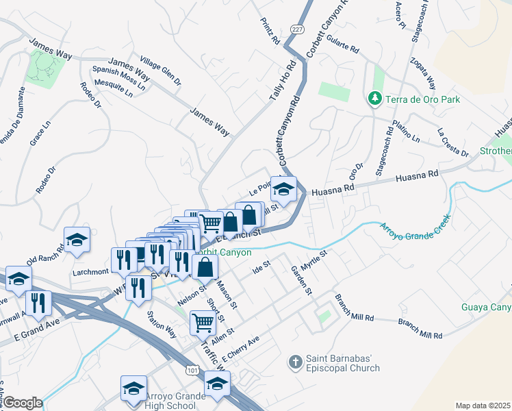 map of restaurants, bars, coffee shops, grocery stores, and more near 549 Crown Hill Street in Arroyo Grande
