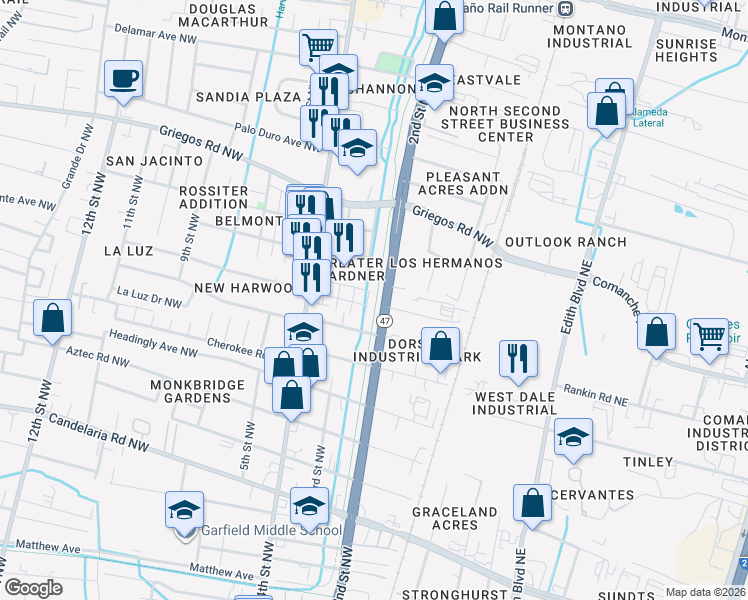 map of restaurants, bars, coffee shops, grocery stores, and more near 219 San Clemente Avenue Northwest in Albuquerque