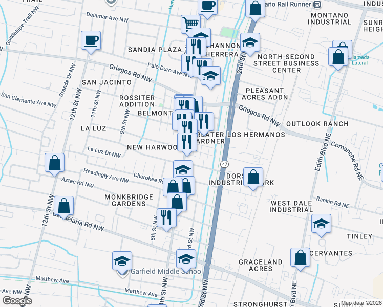 map of restaurants, bars, coffee shops, grocery stores, and more near 343 San Clemente Avenue Northwest in Albuquerque