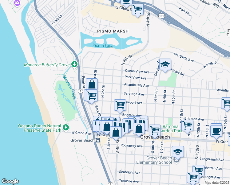 map of restaurants, bars, coffee shops, grocery stores, and more near 325 Saratoga Avenue in Grover Beach