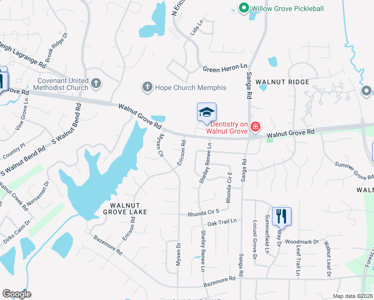 map of restaurants, bars, coffee shops, grocery stores, and more near 99 Ericson Road in Memphis