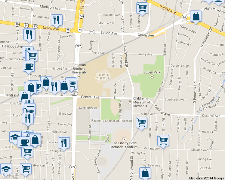 map of restaurants, bars, coffee shops, grocery stores, and more near 227 West Edwin Circle in Memphis