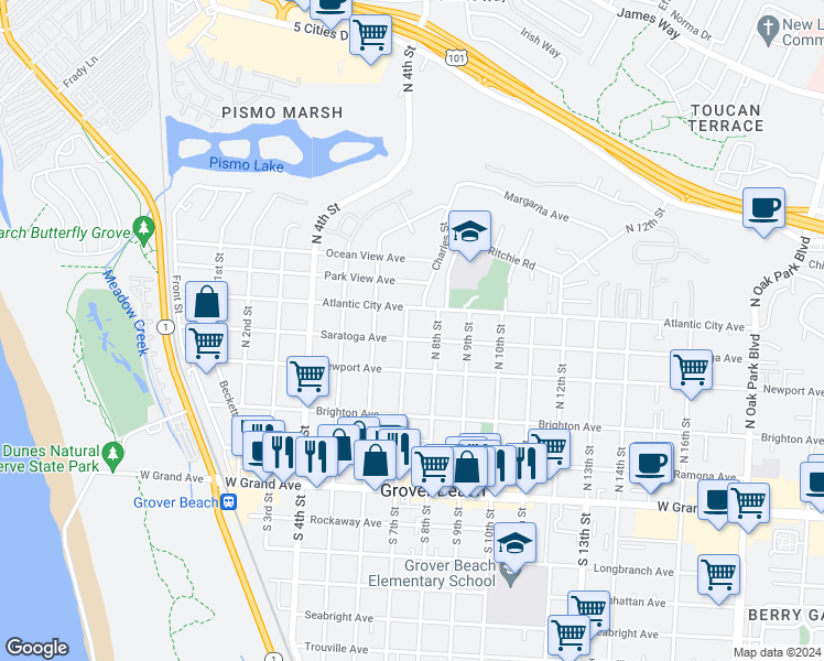map of restaurants, bars, coffee shops, grocery stores, and more near 520 North 7th Street in Grover Beach