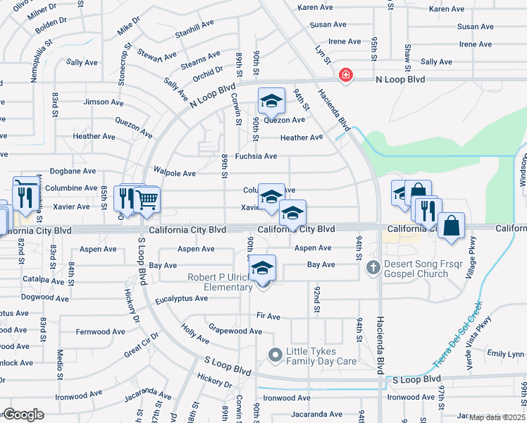 map of restaurants, bars, coffee shops, grocery stores, and more near 9018 Xavier Avenue in California City