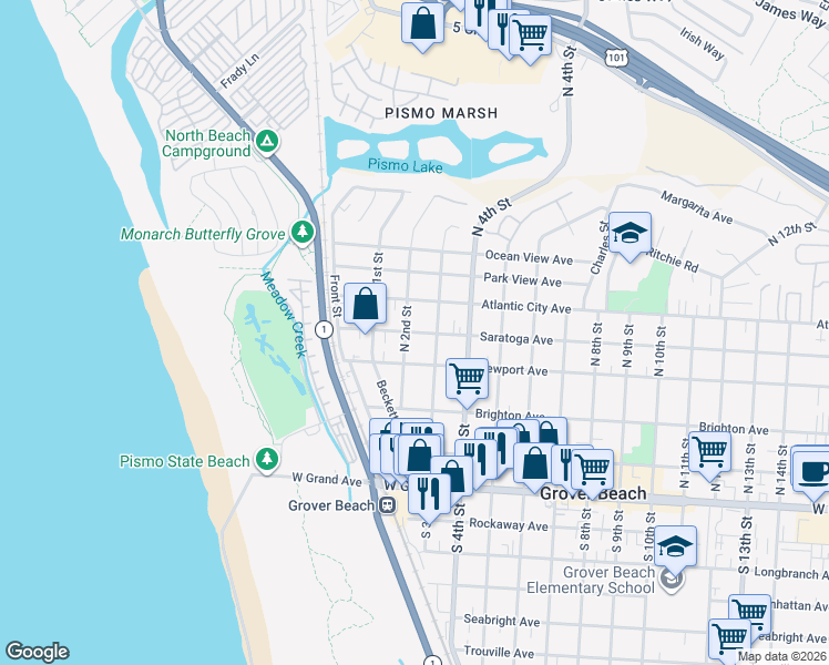 map of restaurants, bars, coffee shops, grocery stores, and more near 500 North 2nd Street in Grover Beach