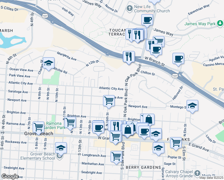 map of restaurants, bars, coffee shops, grocery stores, and more near 1640 Atlantic City Avenue in Grover Beach