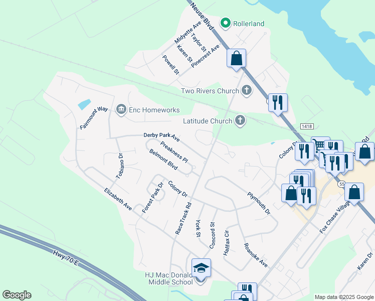 map of restaurants, bars, coffee shops, grocery stores, and more near 113 Derby Park Avenue in New Bern