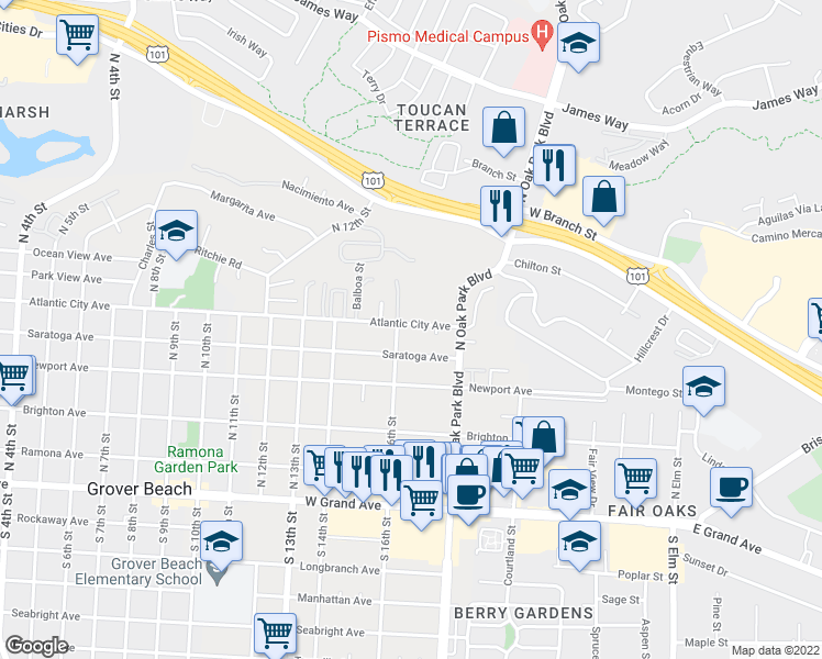 map of restaurants, bars, coffee shops, grocery stores, and more near 1640 Atlantic City Avenue in Grover Beach