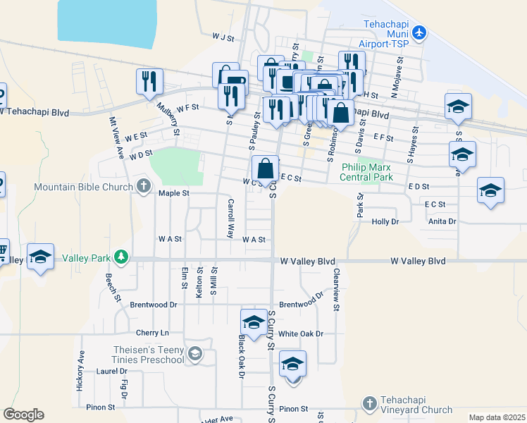 map of restaurants, bars, coffee shops, grocery stores, and more near 203 West B Street in Tehachapi