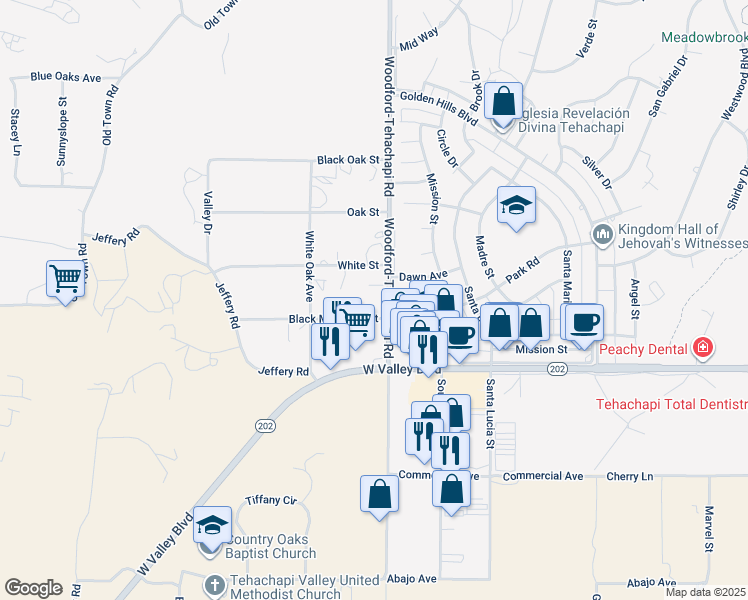 map of restaurants, bars, coffee shops, grocery stores, and more near 21165 Woodford-Tehachapi Road in Golden Hills