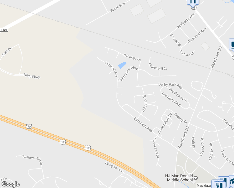 map of restaurants, bars, coffee shops, grocery stores, and more near 3922 Elizabeth Avenue in New Bern