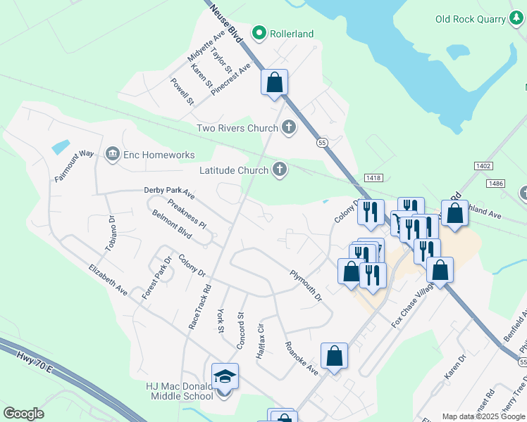 map of restaurants, bars, coffee shops, grocery stores, and more near 1728 RaceTrack Road in New Bern