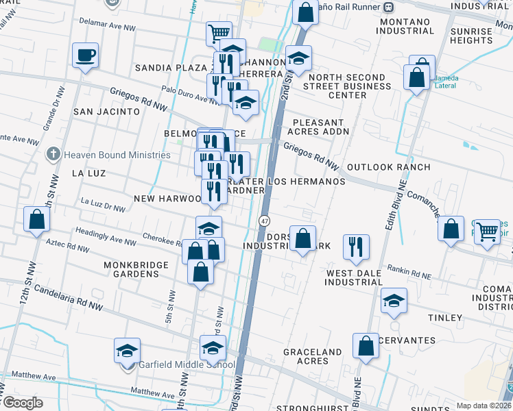 map of restaurants, bars, coffee shops, grocery stores, and more near 219 San Clemente Avenue Northwest in Albuquerque
