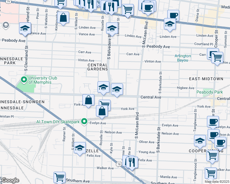 map of restaurants, bars, coffee shops, grocery stores, and more near 1720 Central Avenue in Memphis