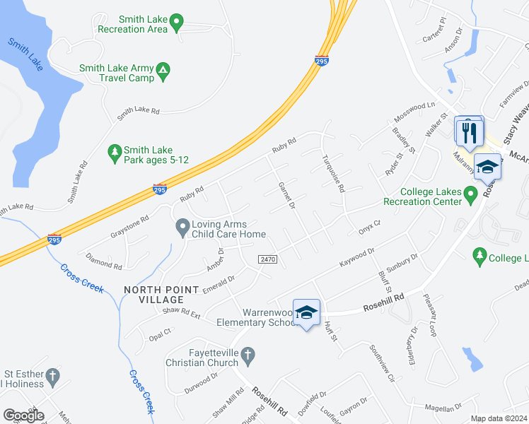 map of restaurants, bars, coffee shops, grocery stores, and more near 320 Nugget Court in Fayetteville