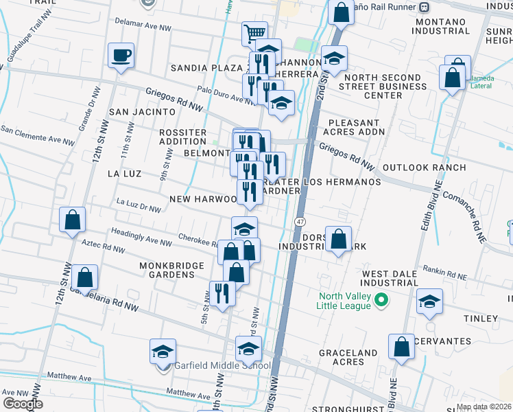 map of restaurants, bars, coffee shops, grocery stores, and more near 343 San Clemente Avenue Northwest in Albuquerque